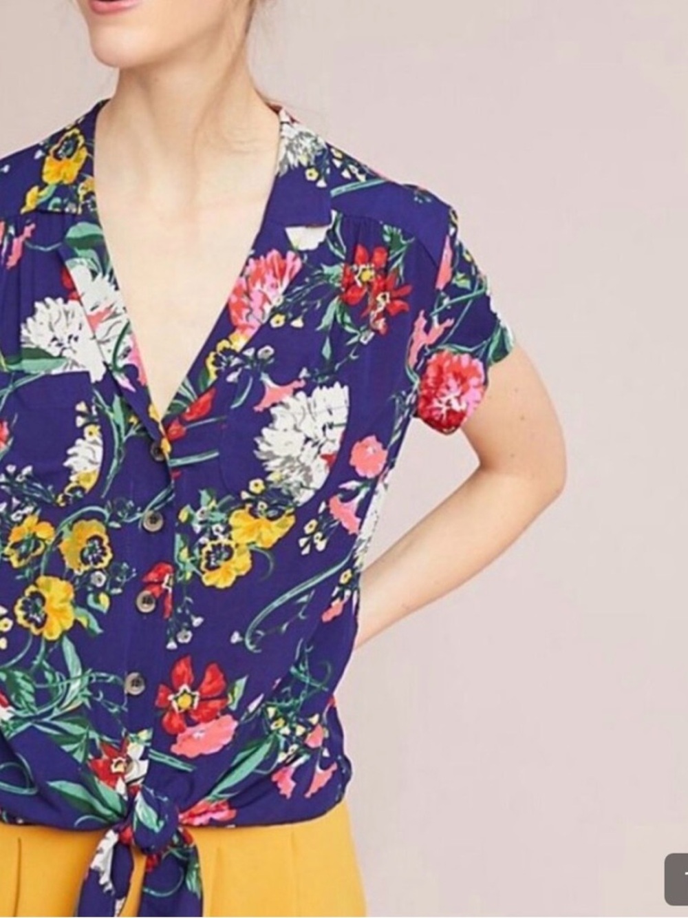 Anthropologie Maeve Bateau Tropical Tie Front Blouse Blue Petite